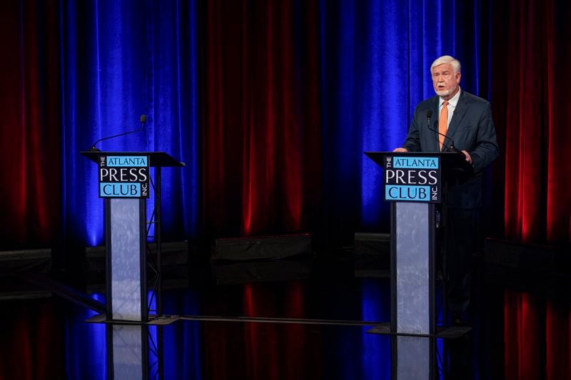 Georgia Republican Wayne Johnson speaks during a debate sponsored by the Atlanta Press Club with Republican Chuck Hand on Sunday, June 9, 2024, in Atlanta. Both candidates for Georgia's 2nd Congressional District are competing in a June 18 runoff for the GOP nomination. (J. Glenn/Pool via AP)