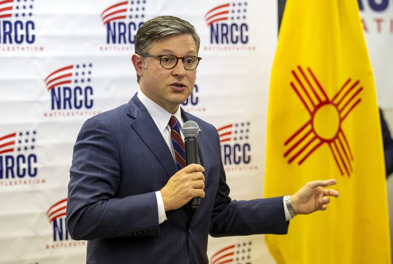 House Speaker Mike Johnson talks to attendees of a campaign event for Republican U.S. House candidate Yvette Herrell of New Mexico in Las Cruces, N.M., Wednesday, Aug. 21, 2024. (AP Photo/Andres Leighton)