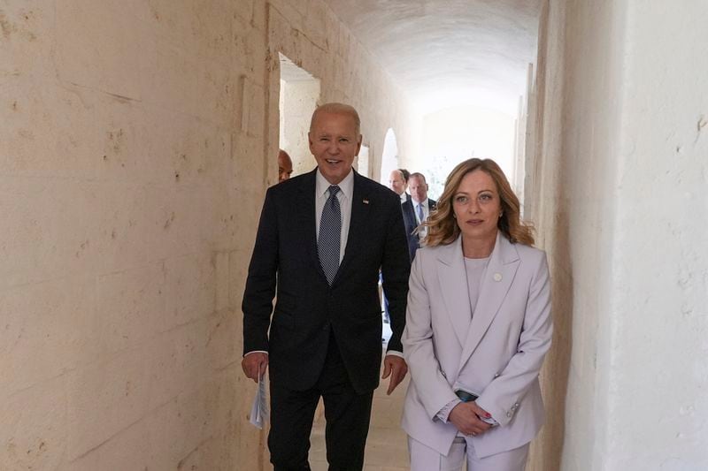 U.S. President Joe Biden and Italian Prime Minister Giorgia Meloni arrive for bilateral talks at the G7, Friday, June 14, 2024, in Borgo Egnazia, near Bari, southern Italy. (AP Photo/Alex Brandon)