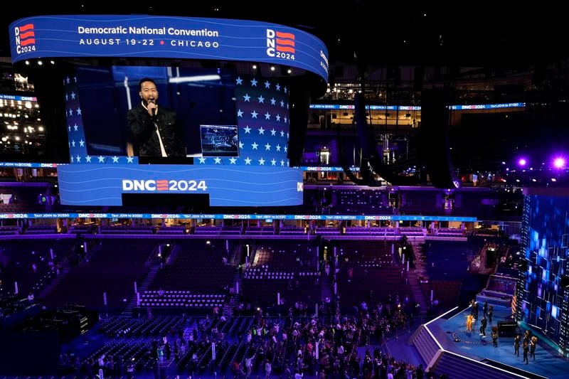 Singer John Legend is seen during a mic check before the Democratic National Convention Wednesday, Aug. 21, 2024, in Chicago. (AP Photo/Morry Gash)