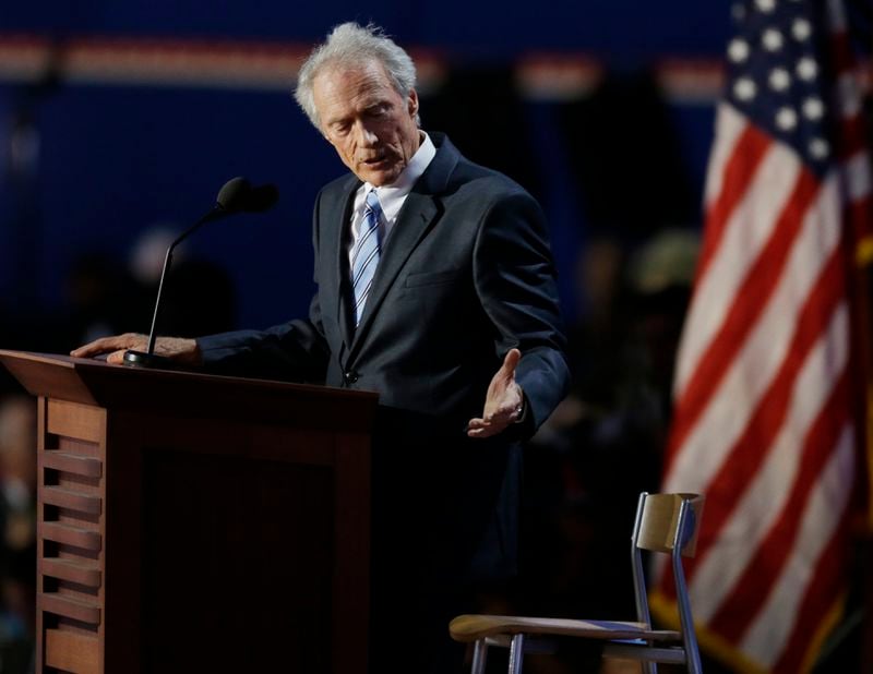 FILE - Actor and director Clint Eastwood speaks to an empty chair while addressing delegates during the Republican National Convention, Aug. 30, 2012, in Tampa, Fla. (AP Photo/Lynne Sladky, File)