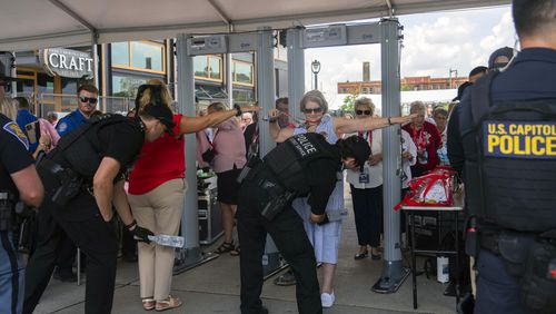 A security checkpoint at an entrance to the Fiserv Forum in Milwaukee, Wis., site of the Republican National Convention, on Monday, July 15, 2024. (Hiroko Masuike/The New York Times)