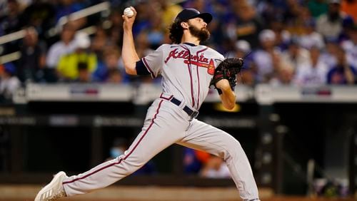 Braves starter Ian Anderson delivers a pitch in the first inning of Monday's Game 2 of a doubleheader against the Mets.