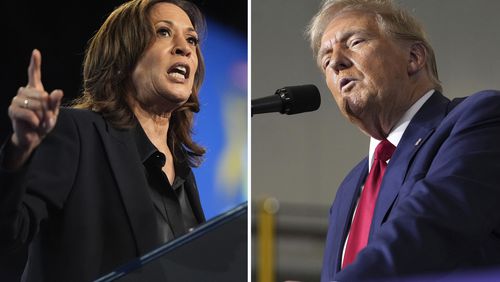 This combination photo shows Democratic presidential nominee Vice President Kamala Harris at a rally in Flint, Mich., Oct. 4, 2024, left, and Republican presidential nominee former President Donald Trump at a campaign rally in Walker, Mich., Sept. 27, 2024. (AP Photo)