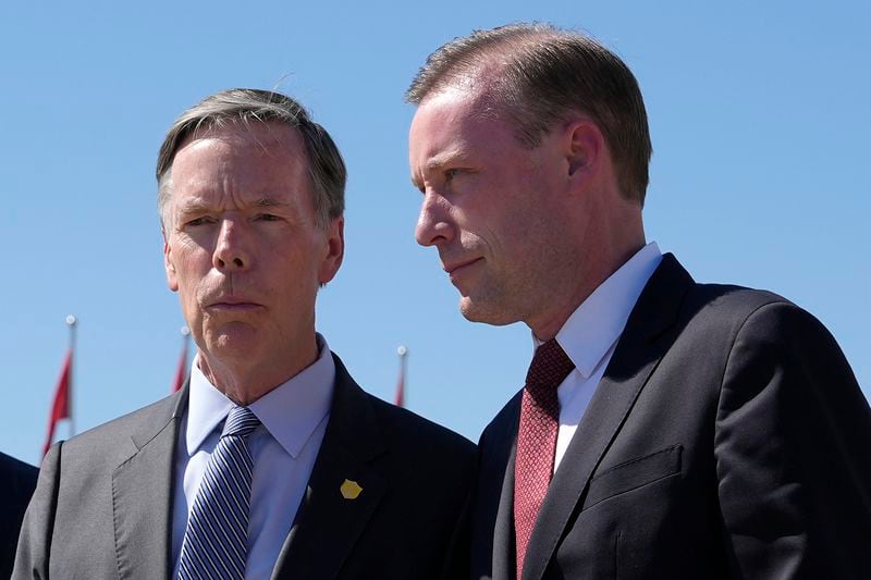 White House national security adviser Jake Sullivan, right, walks near U.S. Ambassador to China Nicholas Burns upon arriving at the VIP terminal of the Beijing Capital International Airport in Beijing, Tuesday, Aug. 27, 2024. (AP Photo/Ng Han Guan Pool)