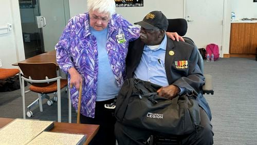 Joan Browning and Charles Person chat at Emory University in Atlanta, Fridy, July 26, 2024. They were Freedom Riders. activists who rode buses into the Deep South in 1961, aiming to desegregate interstate transportation. Browning and Person are donating their archives to the university's Rose Library. (AP Photo/Charlotte Kramon)