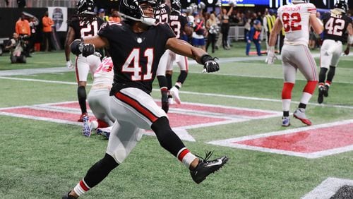 October 22, 2018 Atlanta: Atlanta Falcons safety Sharrod Neasman reacts after the defense held the New York Giants on a fourth and one attempt to take over on downs during the third quarter in a NFL football game on Monday, Oct 22, 2018, in Atlanta.   Curtis Compton/ccompton@ajc.com