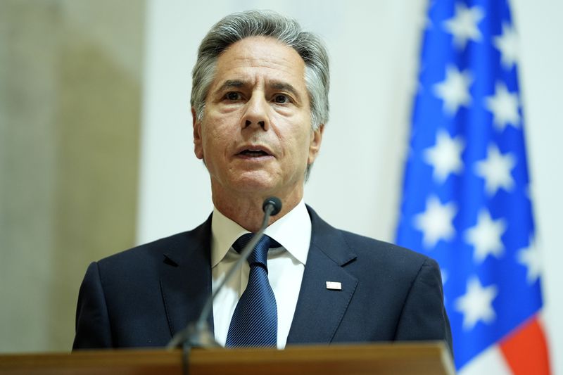 U.S. Secretary of State Antony Blinken speaks during a joint news conference with Britain's Foreign Secretary David Lammy, and Ukraine's Foreign Minister Andriiy Sybiha at the Ministry of Foreign Affairs in Kyiv, Ukraine, Wednesday, Sept. 11, 2024. (AP Photo/Mark Schiefelbein, Pool)