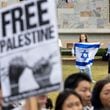 A person with an Israel flag counter-protests a student walkout and rally in support of Palestine at Emory University in Atlanta on Thursday, September 12, 2024. (Arvin Temkar / AJC)