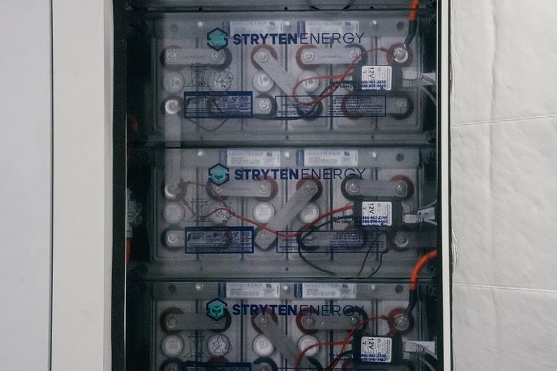 A stack of lithium-ion batteries are shown at the Alpharetta headquarters of Stryten Energy on Wednesday, August 23, 2023. (Photo by Olivia Bowdoin for the AJC).