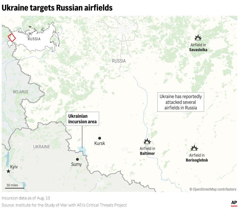 The map above shows where Ukraine has reportedly attacked several airfields in Russia's Kursk region as of August 14, 2024. (AP Digital Embed)