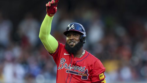 Atlanta Braves designated hitter Marcell Ozuna reacts after hitting a 3 RBI double during the third inning against the Pittsburgh Pirates at Truist Park, Friday, June 28, 2024, in Atlanta. (Jason Getz / AJC)
