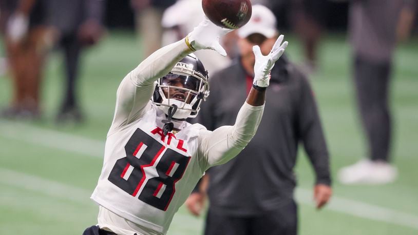 Atlanta Falcons wide receiver Frank Darby (88) works during the