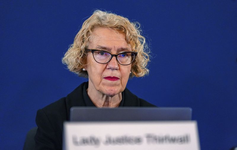 Chair of the inquiry Lady Justice Thirlwall is seen at Liverpool Town Hall, ahead of hearings into the murders and attempted murders of babies by nurse Lucy Letby Monday Sept. 9, 2024. (Peter Byrne//PA via AP)