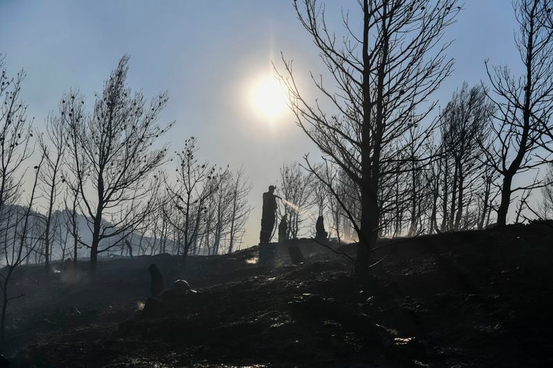 A firefighter operates near Penteli, northeast of Athens, Greece, Monday, Aug. 12, 2024. Hundreds of firefighters backed by dozens of water-dropping planes and helicopters were battling the flames from first light Monday.(AP Photo/Michael Varaklas)