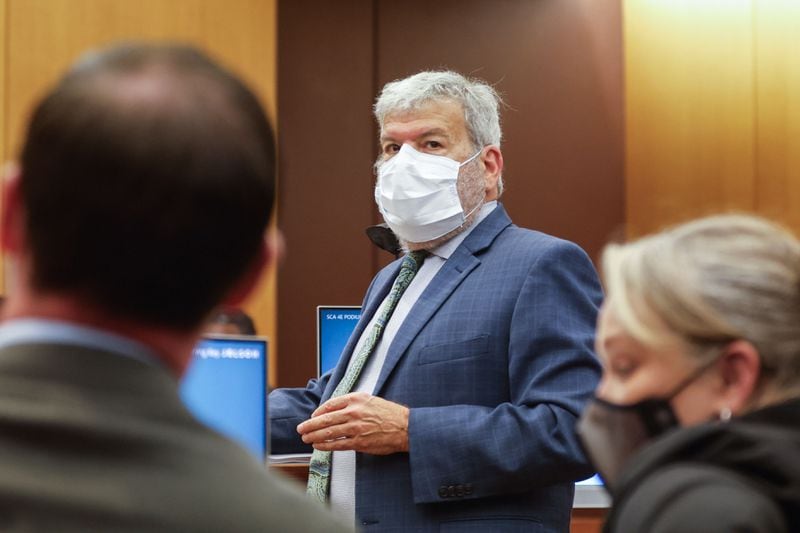 Don Samuel, the defense attorney that represents Marlon Kautz, looks at prosecutors while making arguments during a motions hearing in the RICO case against protesters of the Atlanta Public Safety Training Center at Fulton County Courthouse on Wednesday, July 31, 2024. (Natrice Miller/ AJC)