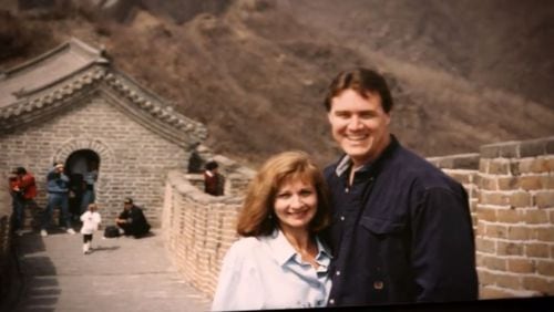 David and Bonnie Perdue on the Great Wall of China in the 1990s, from a 2014 biographical campaign video.