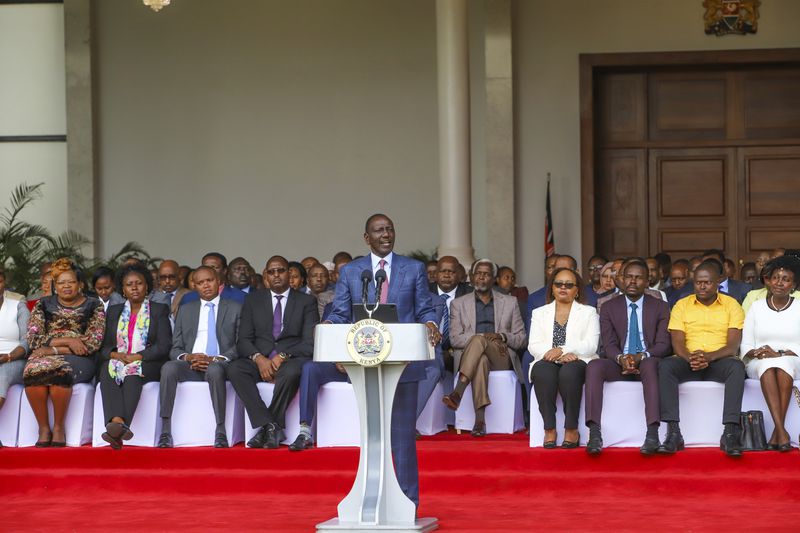 Kenyan President William Ruto gives an address at the State House in Nairobi, Kenya Wednesday, June 26, 2024. Kenyan President William Ruto said he won't sign into law a finance bill proposing new taxes a day after protesters stormed parliament and several people were shot dead. (AP Photo/Patrick Ngugi)
