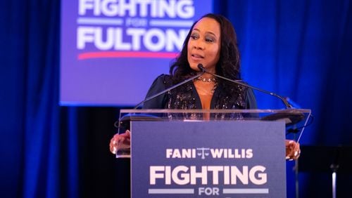 Fulton County District Attorney Fani Willis addresses the crowd Tuesday at her official campaign event in Buckhead after winning the Democratic primary. She will face Republican Courtney Kramer in November. (Ben Hendren for The Atlanta Journal Constitution)