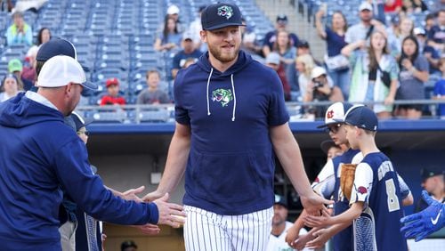 Gwinnett Stripers pitcher Michael Soroka is introduced before their game against the Jacksonville Jumbo Shrimp for the Stripers season opener at Coolray Field, Friday, March 31, 2023, in Lawrenceville, Ga.. Jason Getz / Jason.Getz@ajc.com)
