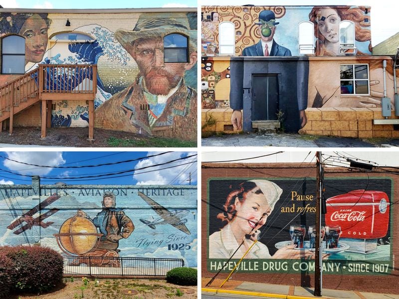 Magritte, Botticelli, Van Gogh, Klimt and the Coca-Cola girl all make an appearance in Shannon Lake’s Hapeville murals.