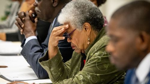 City Council Naeema Gilyard reacts during a hearing to remove Mayor Bill Edwards and councilwoman Helen Zenobia Willis at the South Fulton City Hall, Dec. 30, 2019.