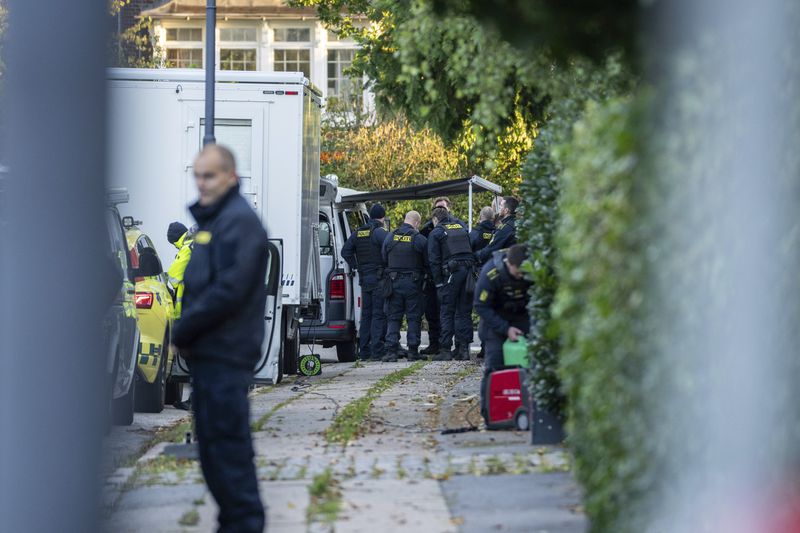 Copenhagen Police investigate two explosions near the Israeli embassy in Copenhagen, Wednesday, Oct. 2, 2024. (Emil Nicolai Helms/Ritzau Scanpix via AP)