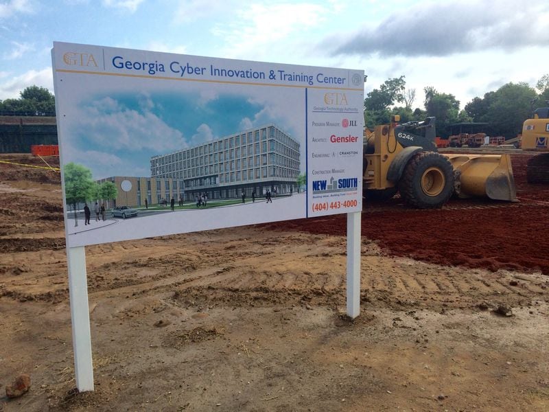 A sign marks the construction site for the future Georgia Cyber Innovation and Training Center in downtown Augusta. Gov. Nathan Deal and local leaders broke ground on the campus Monday, June 19, 2017, at the Augusta University downtown riverfront campus. J. SCOTT TRUBEY/strubey@ajc.com