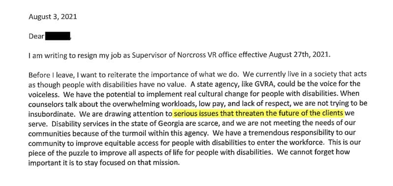 Cara Waiswilos, the supervisor of Norcross Vocational Rehabilitation, wrote this resignation letter on Aug. 3, 2021.