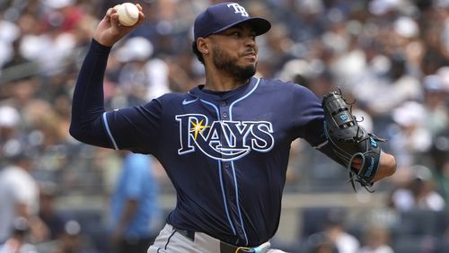 Tampa Bay Rays' Taj Bradley pitches during the fifth inning of a baseball game against the New York Yankees, Saturday, July 20, 2024, in New York. (AP Photo/Pamela Smith)