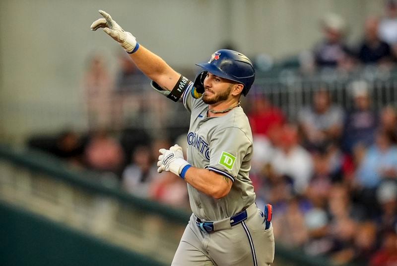 Toronto Blue Jays' Spencer Horwitz (48) celebrates his solo homer against the Atlanta Braves in the first inning of a baseball game, Saturday, Sept. 7, 2024, in Atlanta.(AP Photo/Mike Stewart)