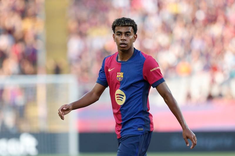 Barcelona's Lamine Yamal attends the Spanish La Liga soccer match between FC Barcelona and Athletic Bilbao at the Olympic stadium in Barcelona, Spain, Saturday, Aug. 24, 2024. (AP Photo/Joan Monfort)