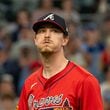 Atlanta Braves pitcher Max Fried walks off the field after being relieved in the ninth inning of a baseball game against the Kansas City Royals, Friday, Sept. 27, 2024, in Atlanta. (AP Photo/Jason Allen)