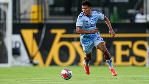 Atlanta United defender Caleb Wiley #26 dribbles the ball during the US Open Cup match against the Indy Eleven at Fifth Third Bank Stadium in Kennesaw, GA on Tuesday July 9, 2024. (Photo by  Madelaina Polk/Atlanta United)