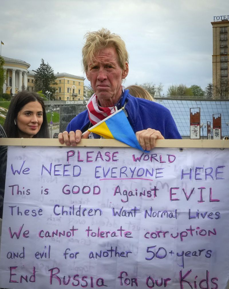 Ryan Wesley Routh takes part in a rally in central Kyiv, Ukraine, Saturday, April 30, 2022. (AP Photo/Efrem Lukatsky)