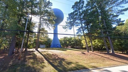 The blue water tower, nestled within the Nob Hill subdivision west of Ga. 124/Scenic Highway in Snellville, will be removed in late 2022 or 2023 to make way for a new pump station. (Google Maps)