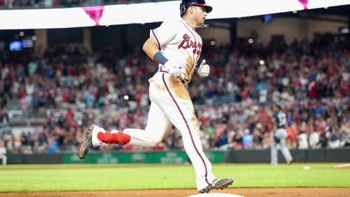 Austin Riley circles the bases after his sixth-inning home run Saturday.