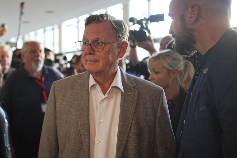 Bodo Ramelow (Die Linke), waits for results on the state elections in Thuringia and Saxony, in Erfurt, Germany, Sunday, Sept. 1, 2024. (Michael Kappeler/dpa via AP)