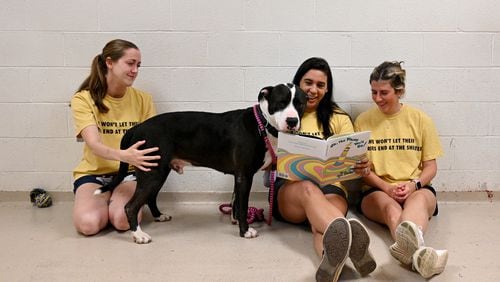 Leslie Moffett (center) reads a book to shelter dog Claus with other volunteers Brianne Cate (left) and Camille Lillie (right) wearing matching t-shirts that say, "We won't let their stories end at the shelter," at Cobb County Animal Services, Saturday, May 20, 2023, in Marietta. They found that reading to the dogs can help rehabilitate them, especially in a chaotic shelter environment. (Hyosub Shin / Hyosub.Shin@ajc.com)