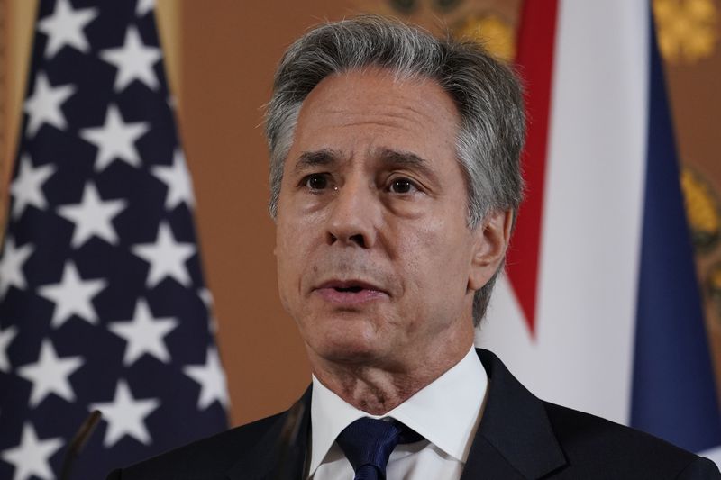 Secretary of State Antony Blinken speaks during a joint press conference with Britain's Foreign Secretary David Lammy in the Locarno room at the Foreign, Commonwealth and Development Office (FCDO) in London, Tuesday, Sept. 10, 2024. (AP Photo/Alberto Pezzali, Pool)