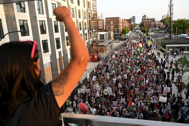 Protesters march during a demonstration outside the Democratic National Convention Wednesday, Aug. 21, 2024, in Chicago. (AP Photo/Noah Berger)