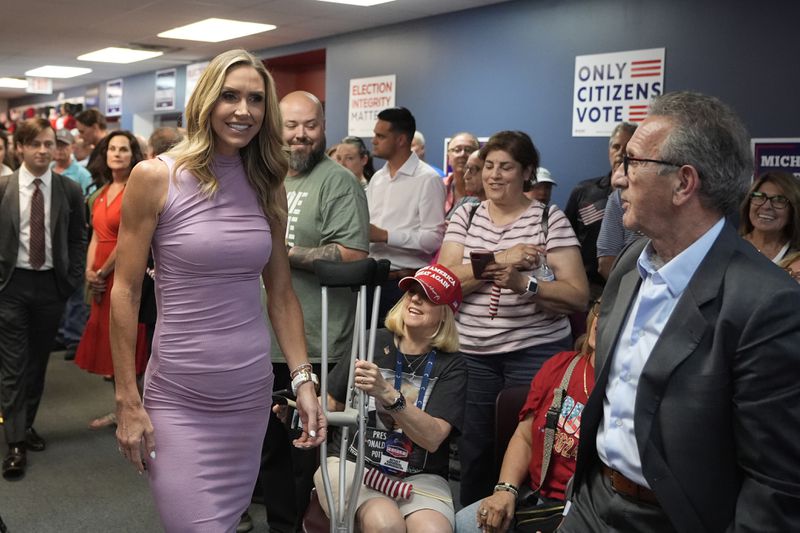 Republican National Committee co-chair Lara Trump arrives to kickoff an election integrity volunteer training at the Oakland County GOP Headquarters, Friday, June 14, 2024 in Bloomfield Hills, Mich. (AP Photo/Carlos Osorio)