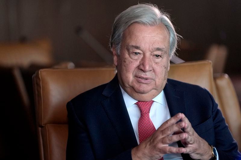 United Nations Secretary-General Antonio Guterres speaks during an interview at the United Nations headquarters, Monday, Sept. 9, 2024. (AP Photo/Pamela Smith)