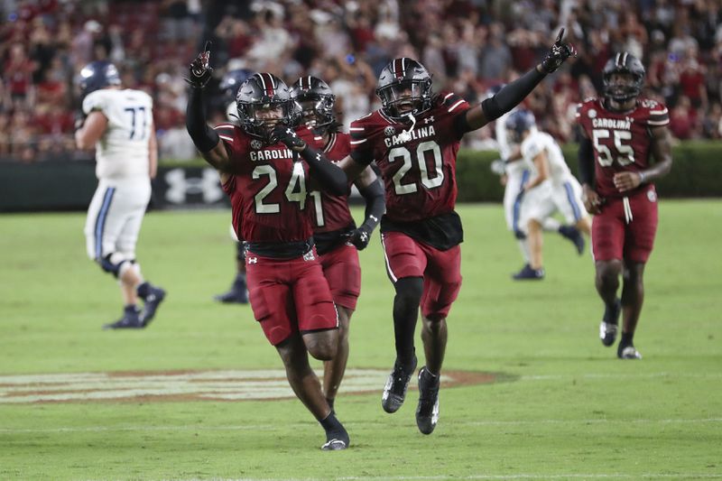 South Carolina defensive back Jalon Kilgore (24) celebrates a game clinching interception with defensive back Judge Collier (20) during the second half of an NCAA college football game against Old Dominion Saturday, Aug. 31, 2024, in Columbia, S.C. (AP Photo/Artie Walker Jr.)