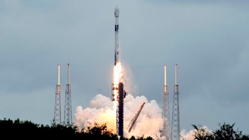 A SpaceX Falcon 9 rocket lifts off from the Cape Canaveral Space Force Station, Monday, Oct. 7, 2024 at Cape Canaveral, Fla., carrying a European spacecraft to an asteroid. (AP Photo/John Raoux)