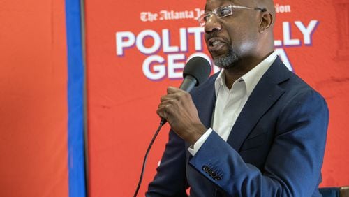 U.S. Sen. Raphael Warnock, speaking Monday at a "Politically Georgia" event in Savannah, said he believes Vice President Kamala Harris "can win" and "will win" this year's presidential election. (AJC Photo/Katelyn Myrick)