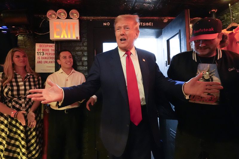 Republican presidential nominee former President Donald Trump makes a campaign stop at Pubkey Bar and Media House, Wednesday, Sept.18, 2024, in New York. (AP Photo/Alex Brandon)