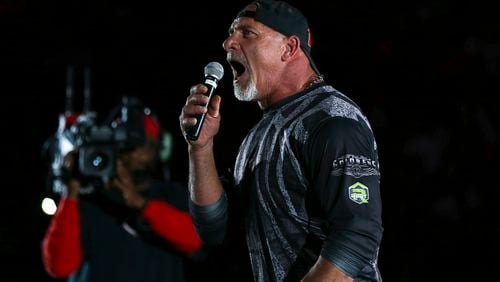 FILE - Bill Goldberg hypes up the crowd during the NCAA college basketball team's Stegmania event at Stegeman Coliseum in Athens, Ga., Friday, Oct. 11, 2019. (Austin SteeleAthens Banner-Herald via AP, File)