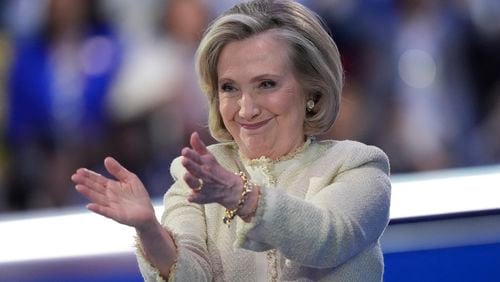 Hillary Clinton speaks during the Democratic National Convention Monday, Aug. 19, 2024, in Chicago. (AP Photo/Charles Rex Arbogast)