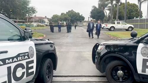 In this still image from video provided by KEYT, law enforcement work on a scene following an explosion at the Santa Maria Courthouse in Santa Maria, Calif., Wednesday, Sept. 25, 2024. (KEYT via AP)